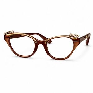Vintage Tura‎ Rhinestone Cat Eye Eyeglass Frames Only Brown Gold Retro Glasses